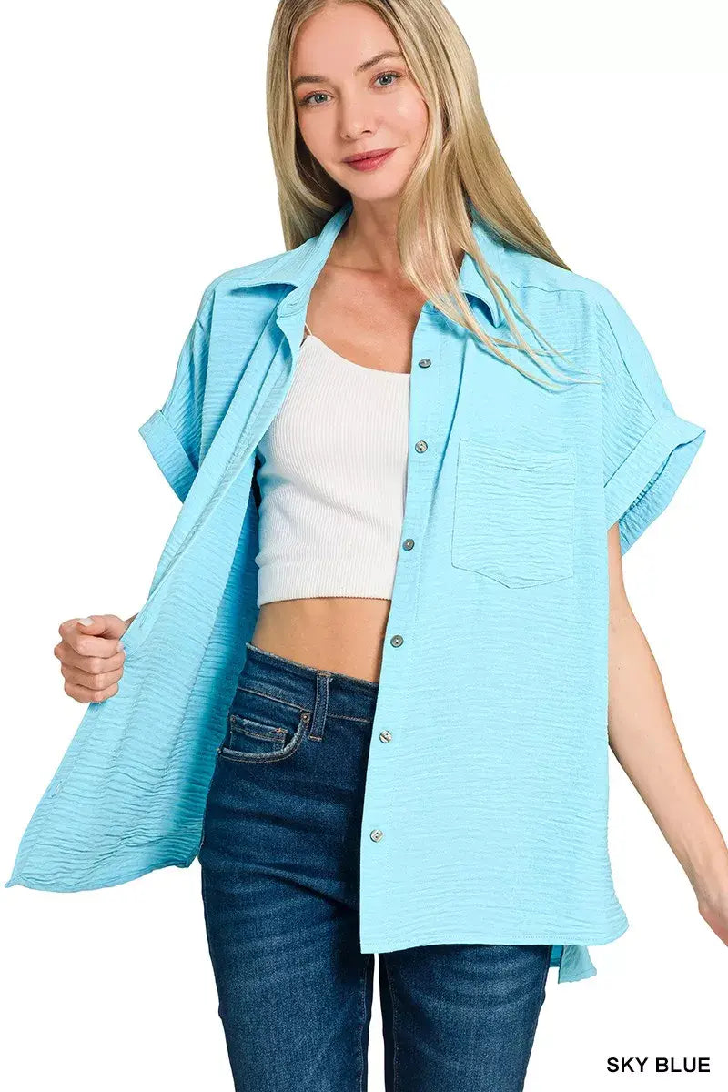 Zenana Woven Airflow Button Down Shirt - Trendsi - Flyclothing LLC