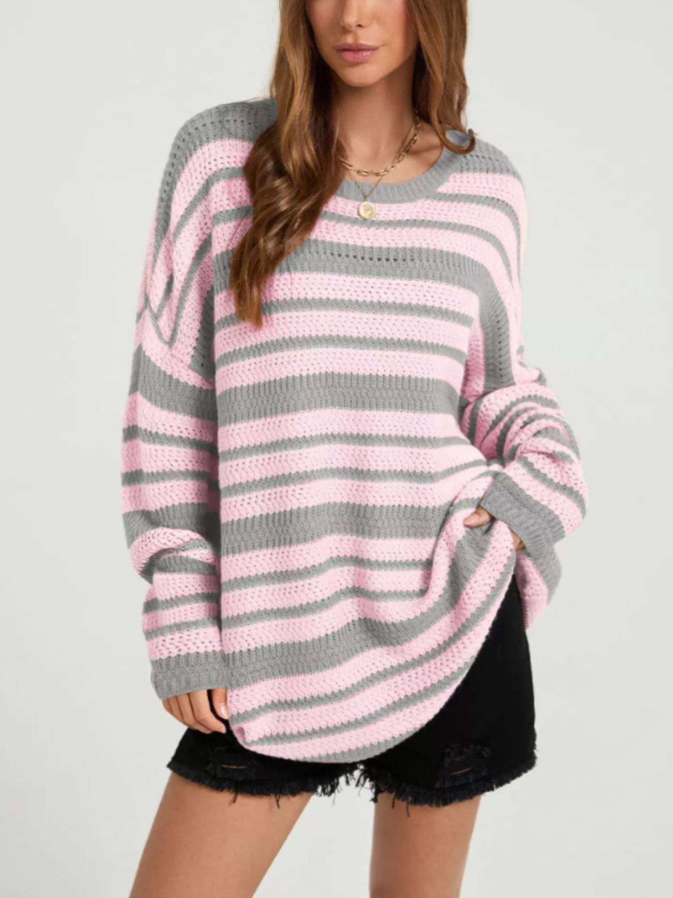 Striped Drop Shoulder Sweater - Trendsi - Flyclothing LLC