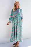 Smocked Printed Tie Neck Long Sleeve Dress - Trendsi - Flyclothing LLC