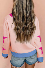 Star Contrast Round Neck Long Sleeve Sweatshirt - Trendsi - Flyclothing LLC