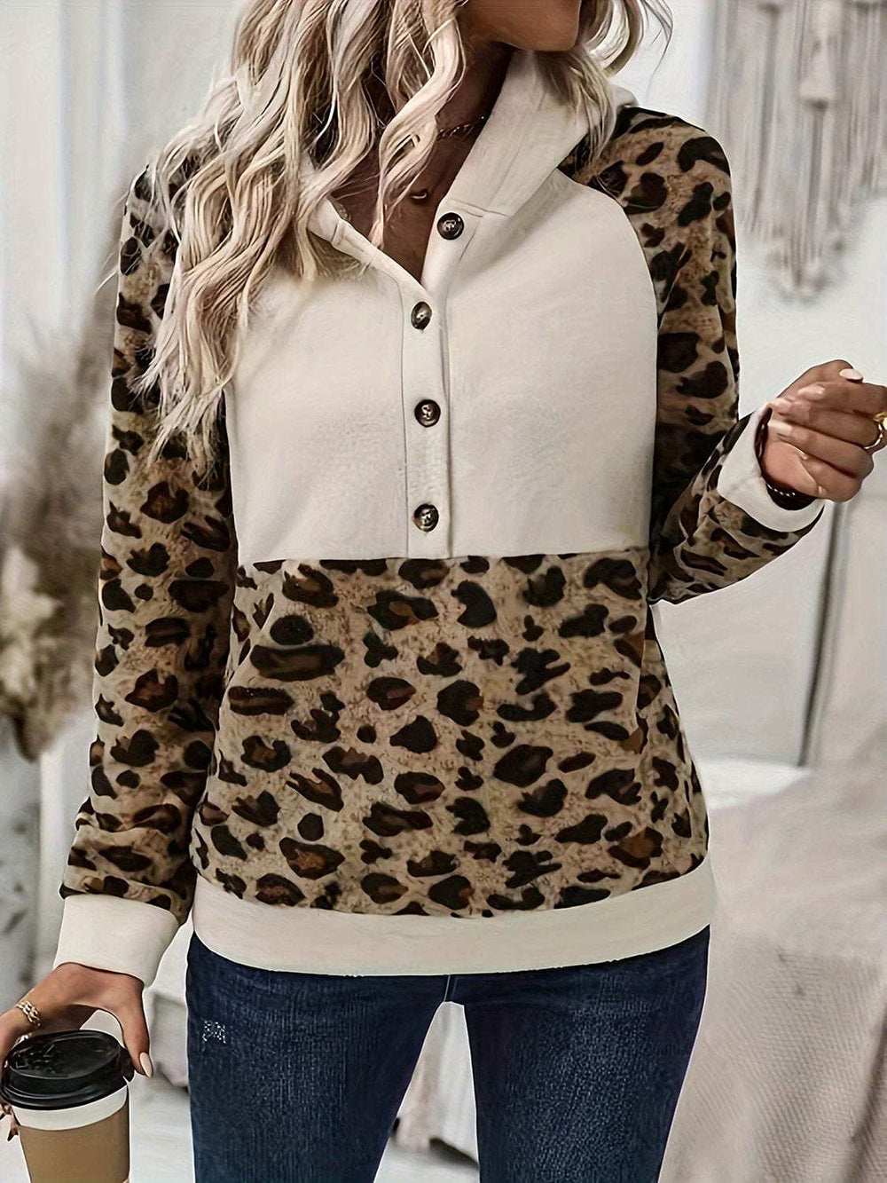 Leopard Half Button Long Sleeve Hoodie - Trendsi - Flyclothing LLC