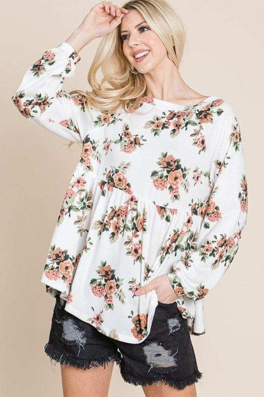 Super Lady Full Size Babydoll Floral Boat Neck Long Sleeve Blouse - Trendsi - Flyclothing LLC