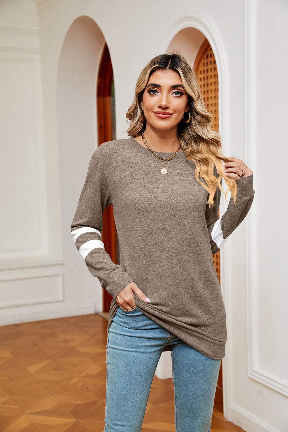Round Neck Long Sleeve Top - Trendsi - Flyclothing LLC