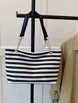 Striped Shoulder Bag with Chain Detail - Trendsi - Flyclothing LLC