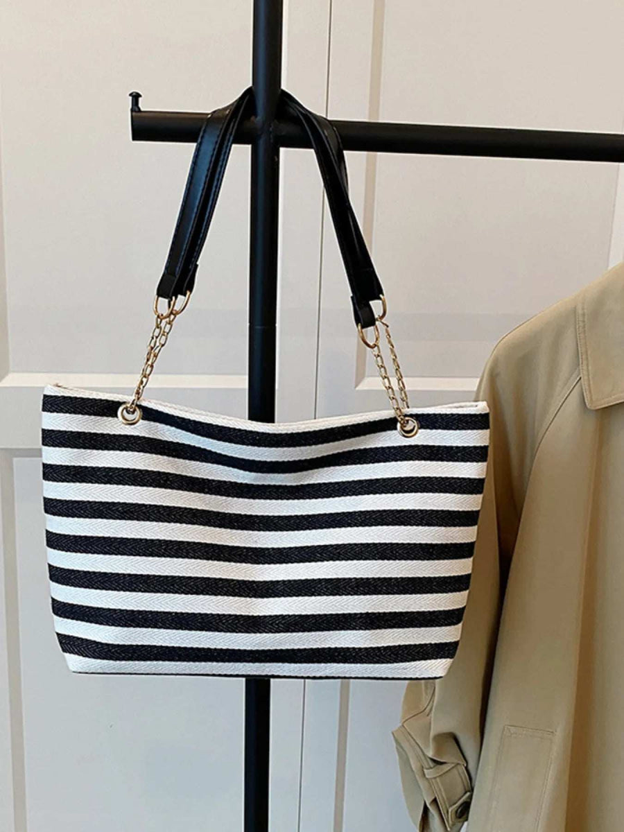 Striped Shoulder Bag with Chain Detail - Trendsi - Flyclothing LLC