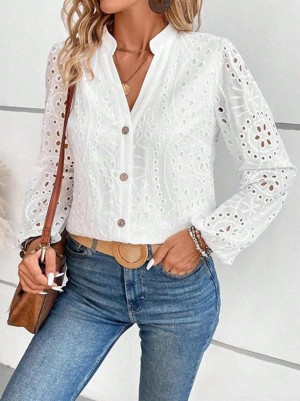 Cutout Notched Long Sleeve Blouse - Trendsi - Flyclothing LLC