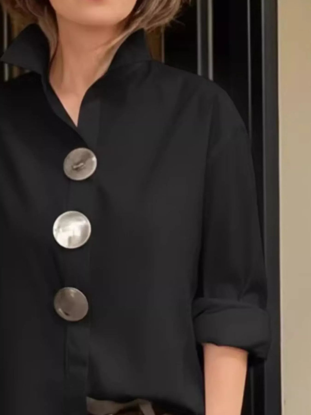 Full Size Oversized Metal Button Long Sleeve Shirt Plus Size - Trendsi - Flyclothing LLC