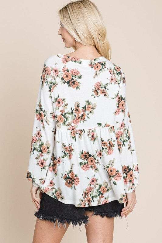 Super Lady Full Size Babydoll Floral Boat Neck Long Sleeve Blouse - Trendsi - Flyclothing LLC