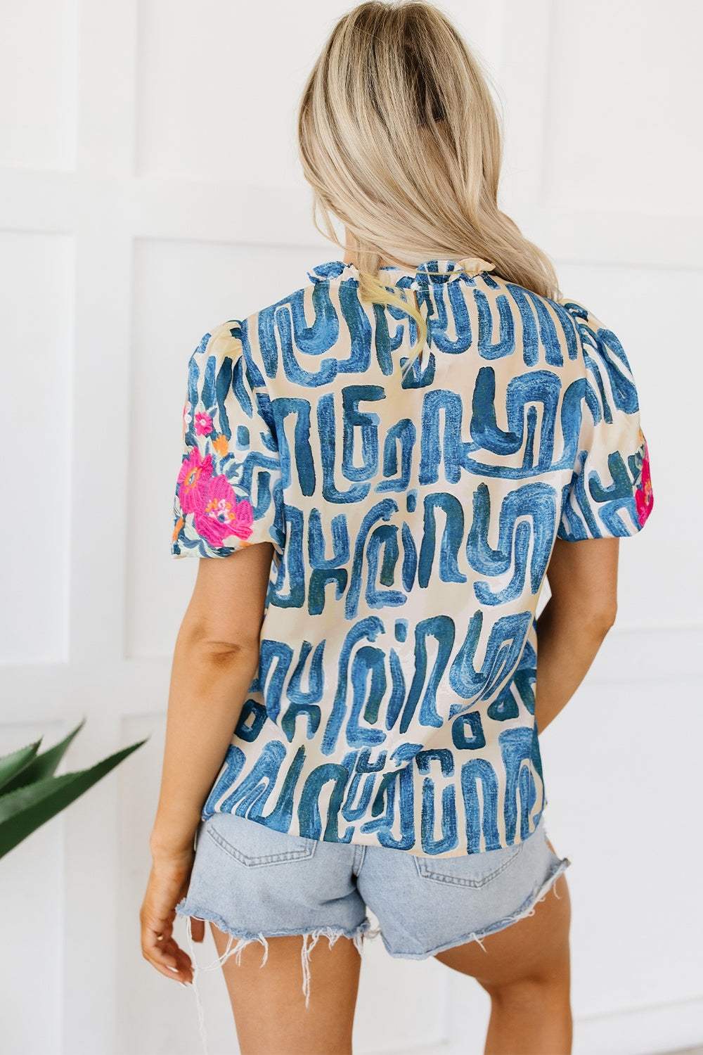 Embroidered Printed Mock Neck Short Sleeve Blouse - Trendsi - Flyclothing LLC