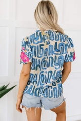 Embroidered Printed Mock Neck Short Sleeve Blouse - Trendsi - Flyclothing LLC