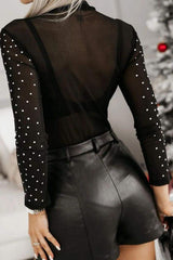 Rhinestone Trim Mock Neck Long Sleeve Bodysuit - Trendsi - Flyclothing LLC