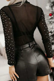 Rhinestone Trim Mock Neck Long Sleeve Bodysuit - Trendsi - Flyclothing LLC