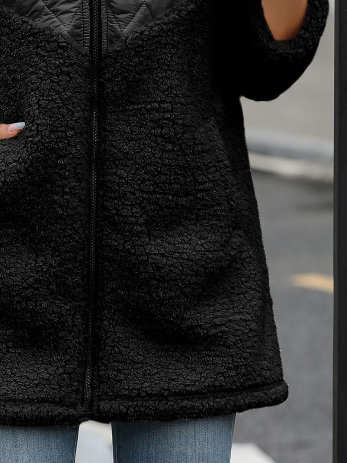 Fuzzy Zip Up Long Sleeve Hooded Jacket - Trendsi