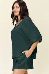 Double Take Texture Half Sleeve T-Shirt and Drawstring Shorts Set - Trendsi - Flyclothing LLC