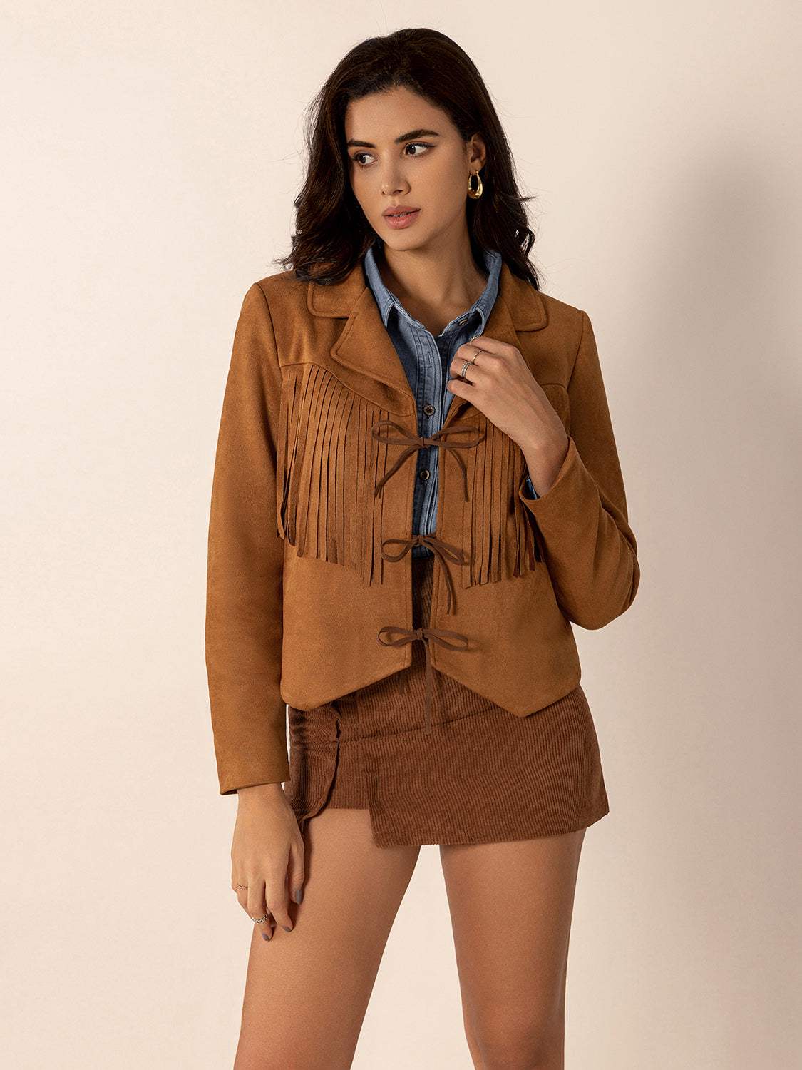Tied Tassel Collared Neck Long Sleeve Jacket - Trendsi - Flyclothing LLC