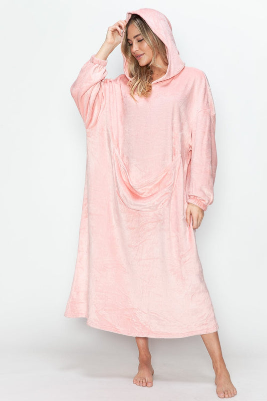 Double Take Full Size Pocketed Hooded Midi Lounge Dress - Trendsi