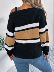Color Block Asymmetrical Neck Long Sleeve Sweater - Trendsi