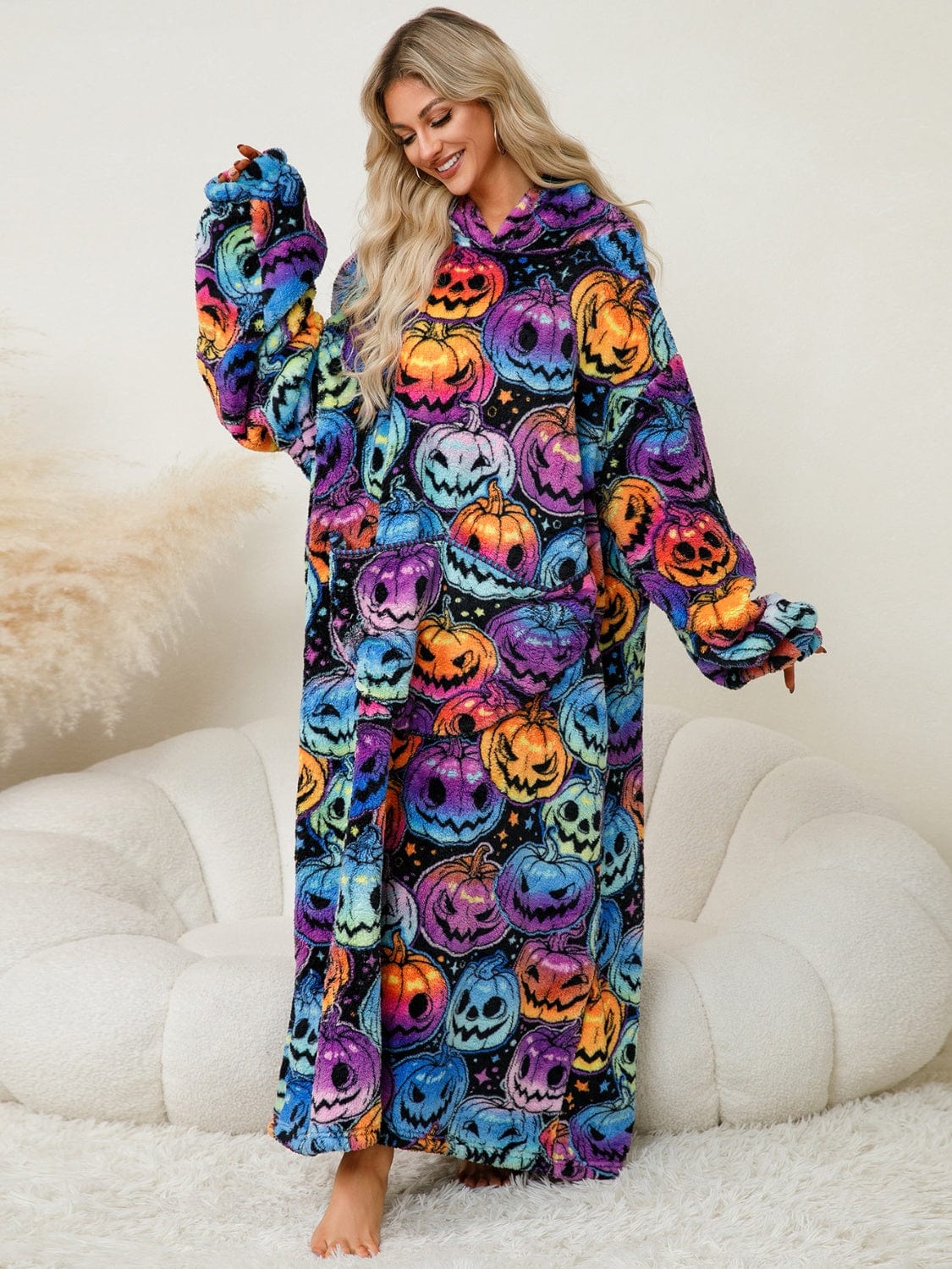Fuzzy Pocketed Long Sleeve Hooded Lounge Dress - Trendsi