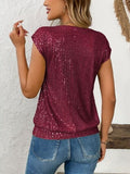Sequin V-Neck Cap Sleeve Top - Trendsi