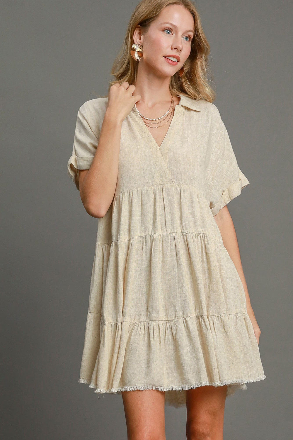 Umgee Full Size Raw Hem Folded Sleeve Tiered Dress Plus Size - Trendsi