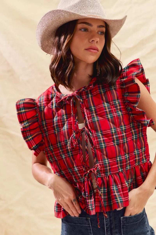SO ME Christmas Holiday Plaid Ruffled Quilt Vest Top - Trendsi - Flyclothing LLC