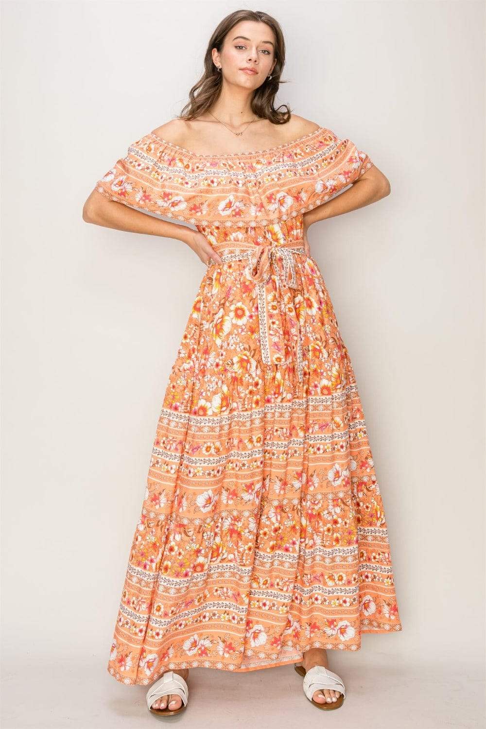 HYFVE Floral Off-Shoulder Tie Front Maxi Dress - Trendsi - Flyclothing LLC