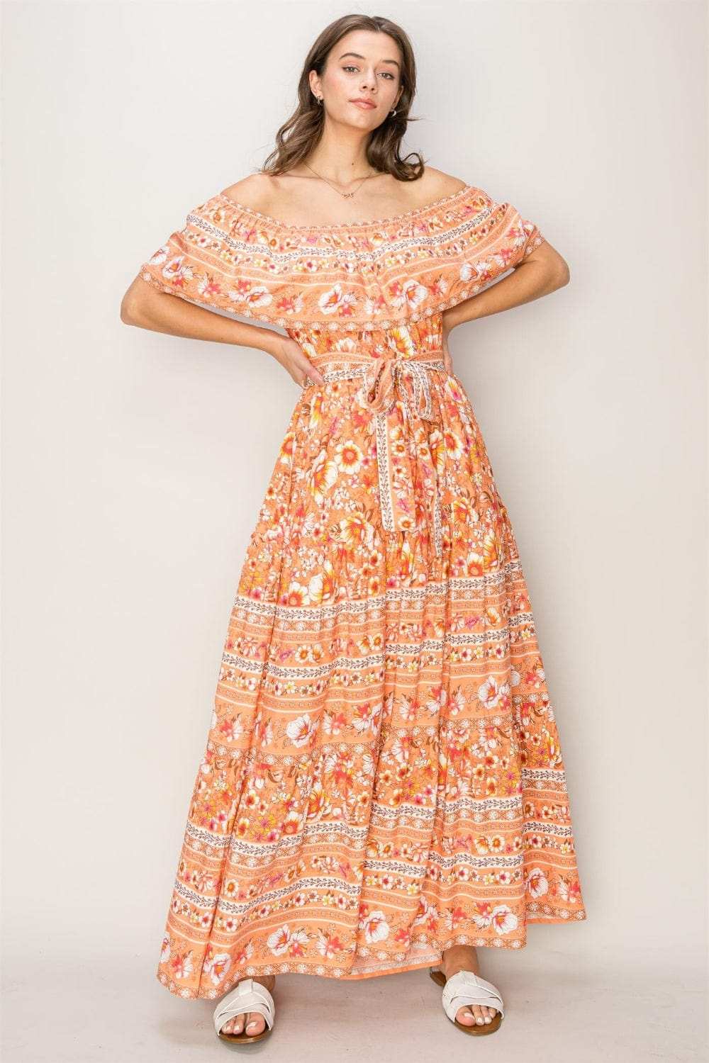 HYFVE Floral Off-Shoulder Tie Front Maxi Dress - Trendsi - Flyclothing LLC