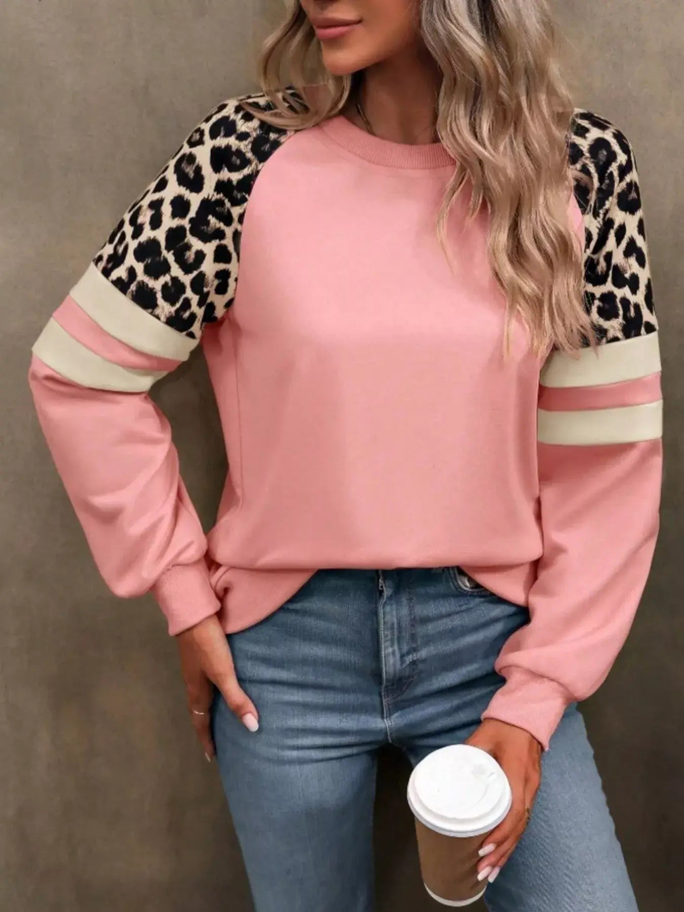Leopard Round Neck Raglan Sleeve Sweatshirt - Trendsi - Flyclothing LLC