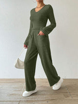 Ribbed V-Neck Long Sleeve Top and Pocketed Pants Set - Trendsi - Flyclothing LLC