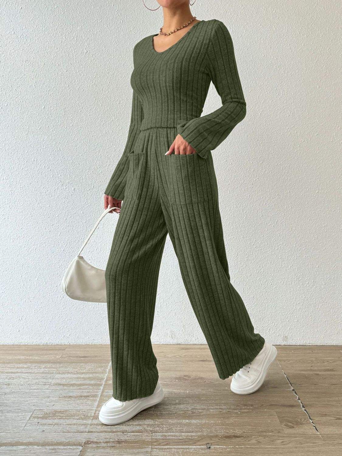 Ribbed V-Neck Long Sleeve Top and Pocketed Pants Set - Trendsi - Flyclothing LLC