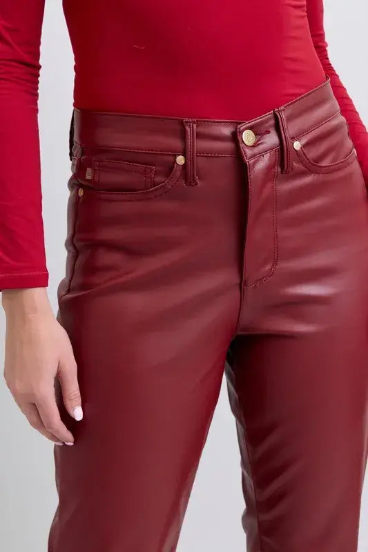 Judy Blue Full Size High Waist Tummy Control Faux Leather Straight Pants Plus Size - Trendsi - Flyclothing LLC