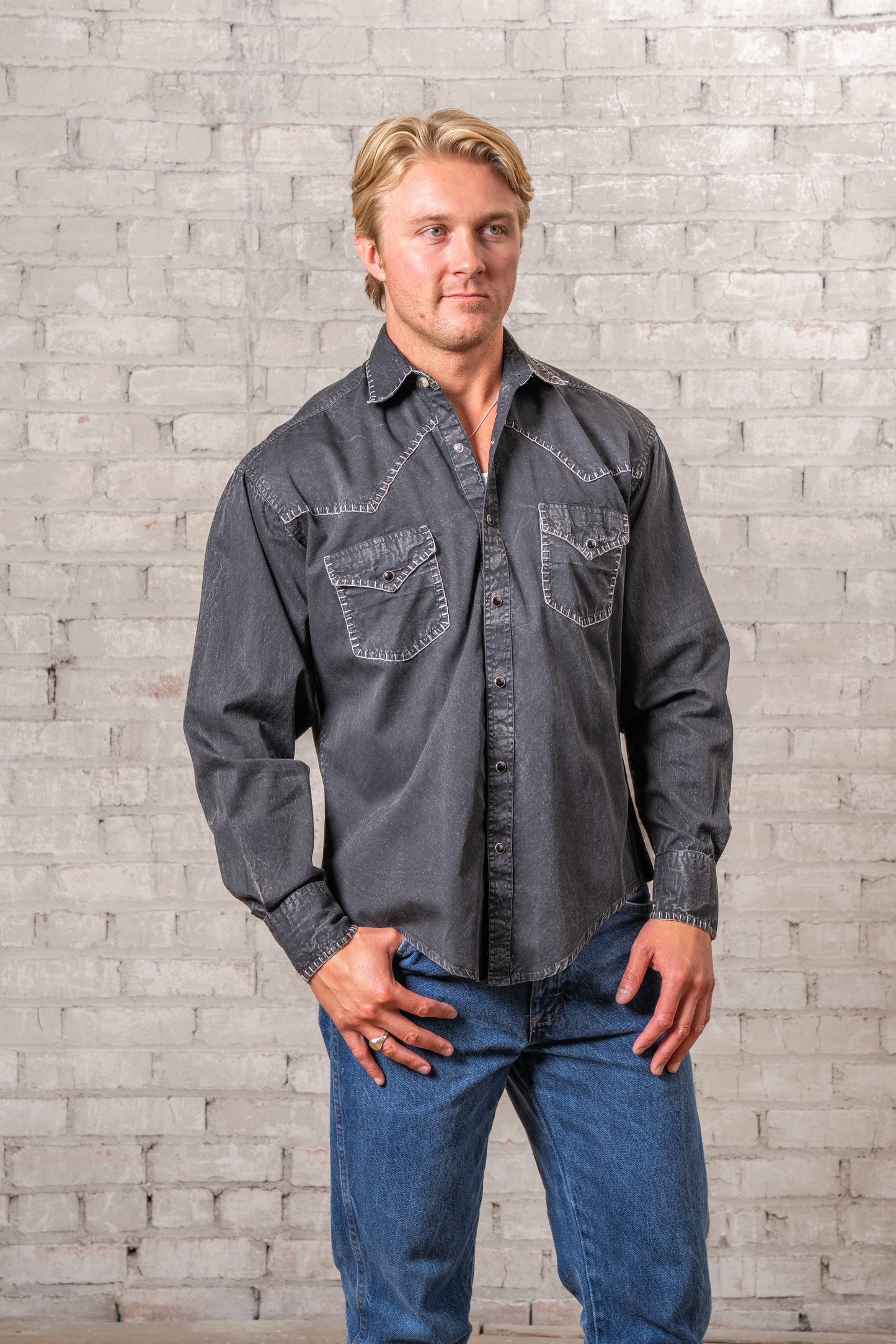 Rockmount Ranch Wear Men's Black Stonewashed Denim Blanket Stitch Western Shirt - Rockmount Clothing - Flyclothing LLC