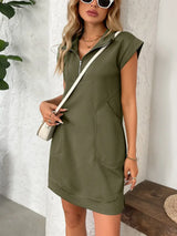 Texture Half Zip Cap Sleeve Mini Dress - Trendsi - Flyclothing LLC