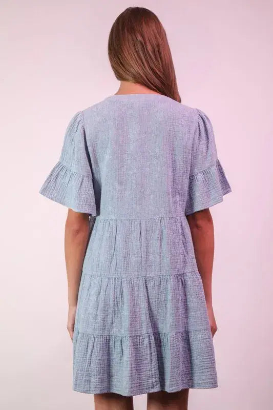 VERY J Mineral Washed Baby Bell Sleeve Woven Mini Dress - Trendsi - Flyclothing LLC