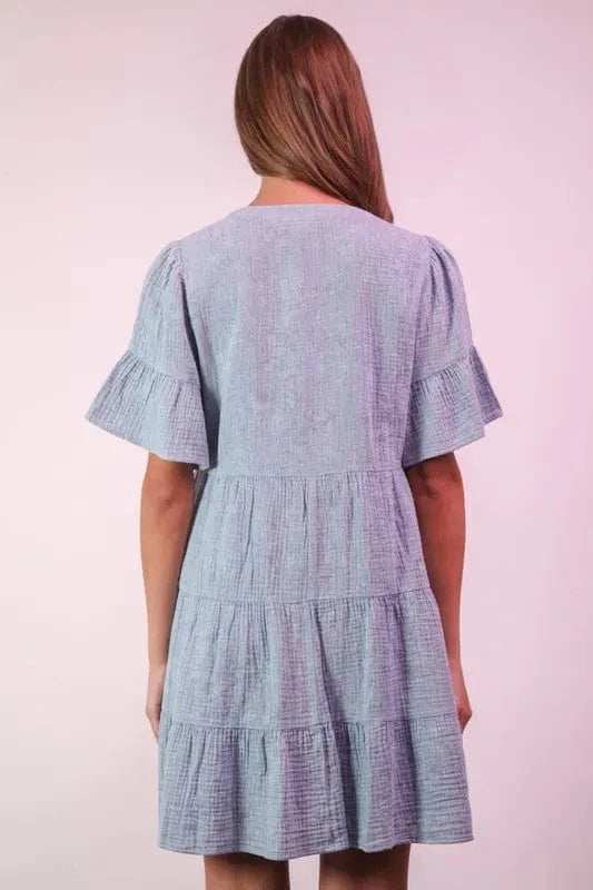 VERY J Mineral Washed Baby Bell Sleeve Woven Mini Dress - Trendsi - Flyclothing LLC