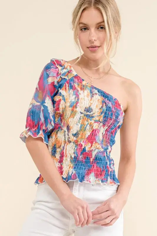 And The Why Allover Floral Print Smocked One Shoulder Blouse - Trendsi - Flyclothing LLC