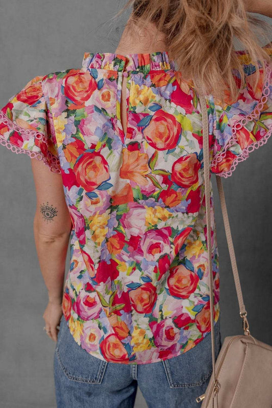 Lace Trim Ruffle Cap Sleeve Floral Blouse - Trendsi - Flyclothing LLC
