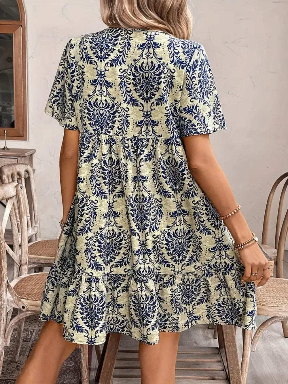 Printed Tie Neck Short Sleeve Dress - Trendsi - Flyclothing LLC