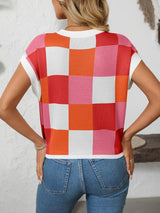 Mandy Checkered Round Neck Cap Sleeve Knit Top - Trendsi - Flyclothing LLC