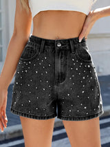 Rhinestone Washed High Waist Denim Shorts - Trendsi - Flyclothing LLC