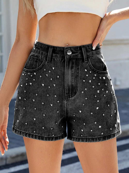 Rhinestone Washed High Waist Denim Shorts - Trendsi - Flyclothing LLC