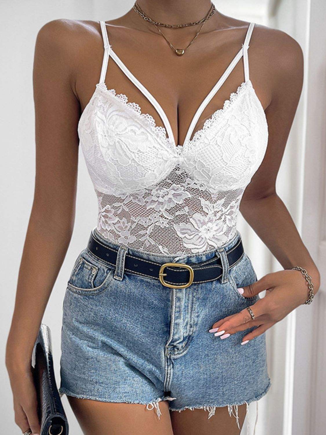 Perfee Spaghetti Strap Lace Bodysuit - Trendsi - Flyclothing LLC