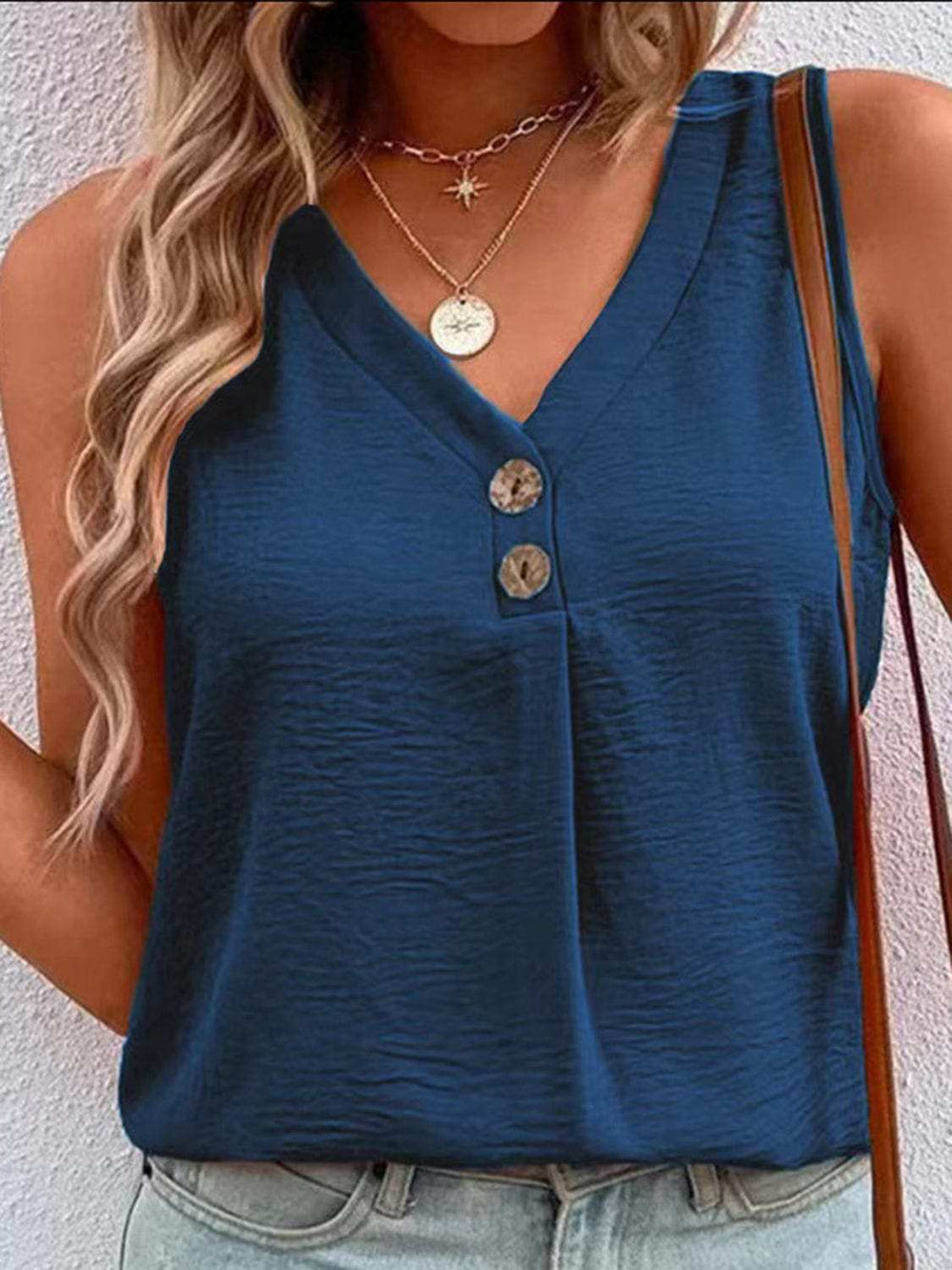 Full Size Decorative Button V-Neck Tank - Trendsi - Flyclothing LLC