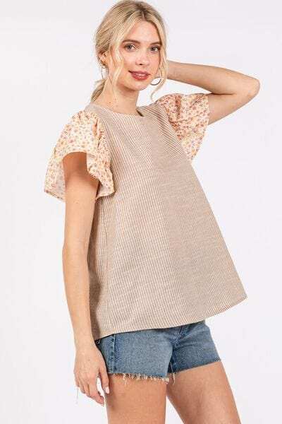 Ces Femme Round Neck Floral Short Sleeve Top - Trendsi - Flyclothing LLC