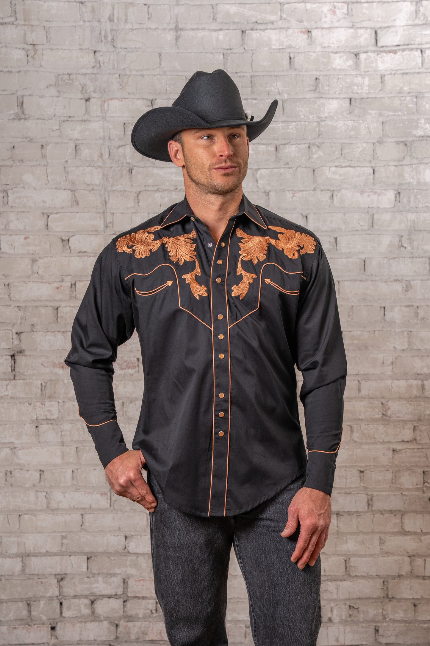 Rockmount Ranch Wear Men's Vintage Black Leaf Tooling Embroidered Western Shirt - Rockmount Clothing - Flyclothing LLC