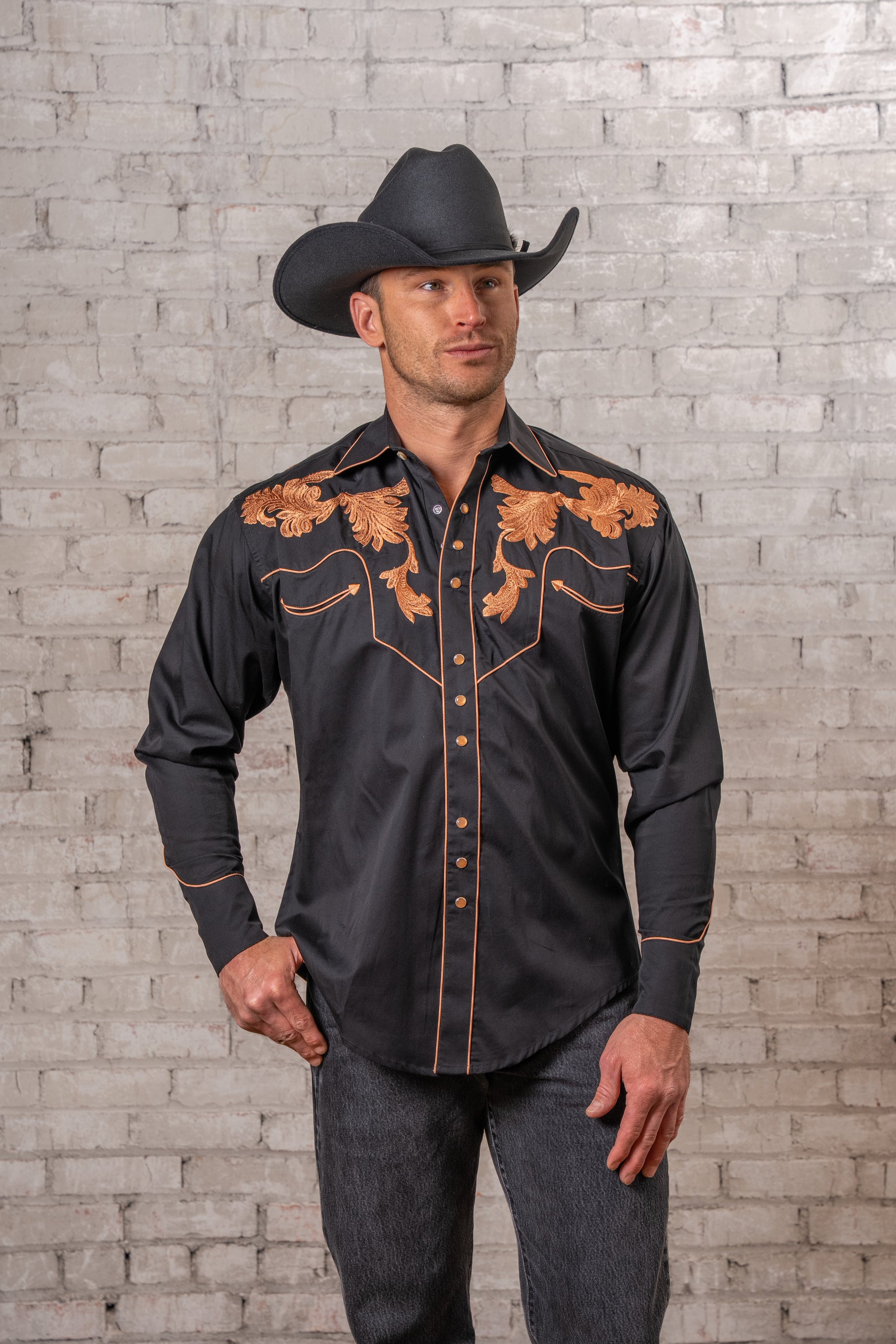 Rockmount Ranch Wear Men's Vintage Black Leaf Tooling Embroidered Western Shirt - Rockmount Clothing - Flyclothing LLC