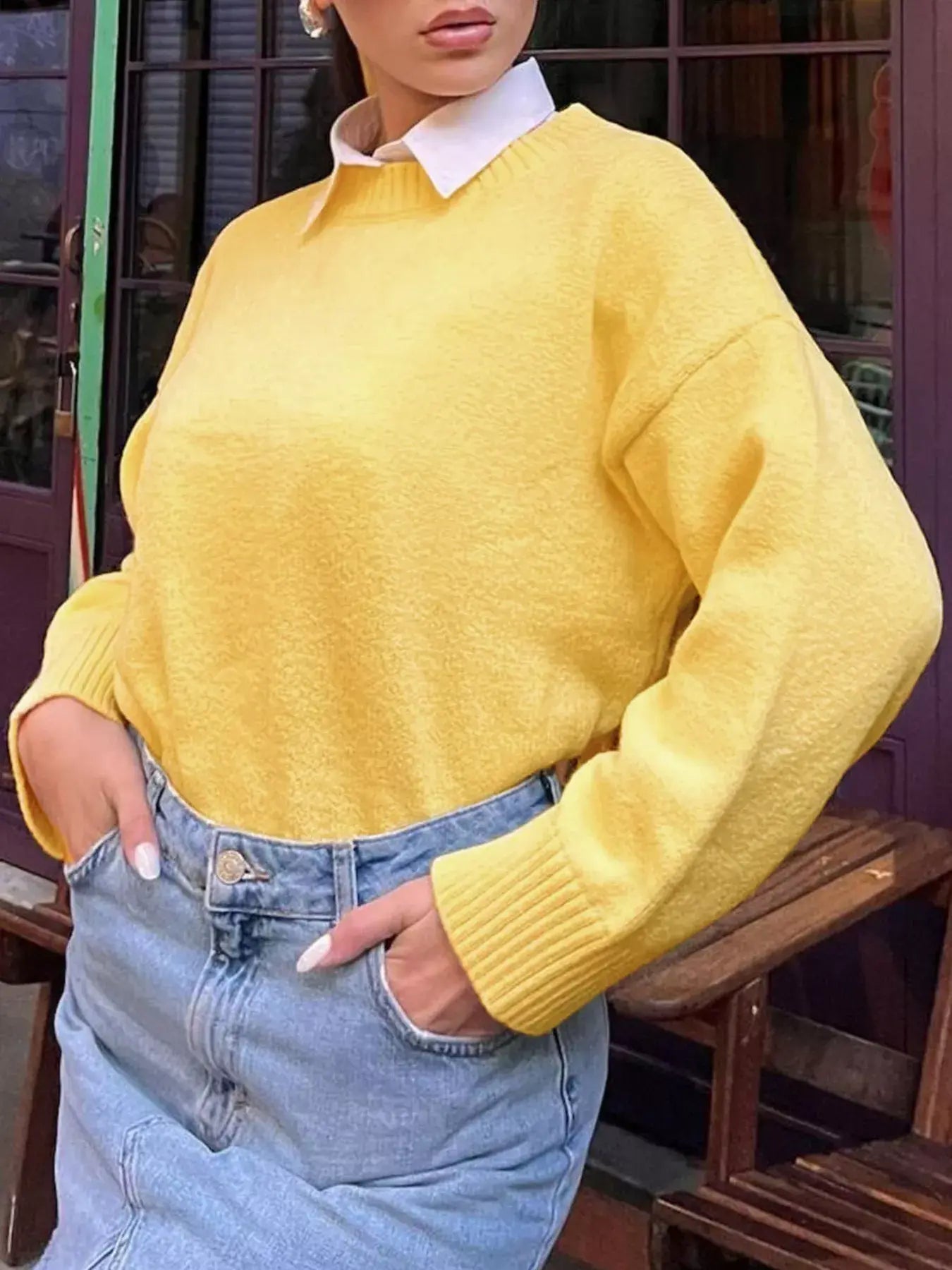 Ribbed Round Neck Dropped Shoulder Sweater - Trendsi - Flyclothing LLC