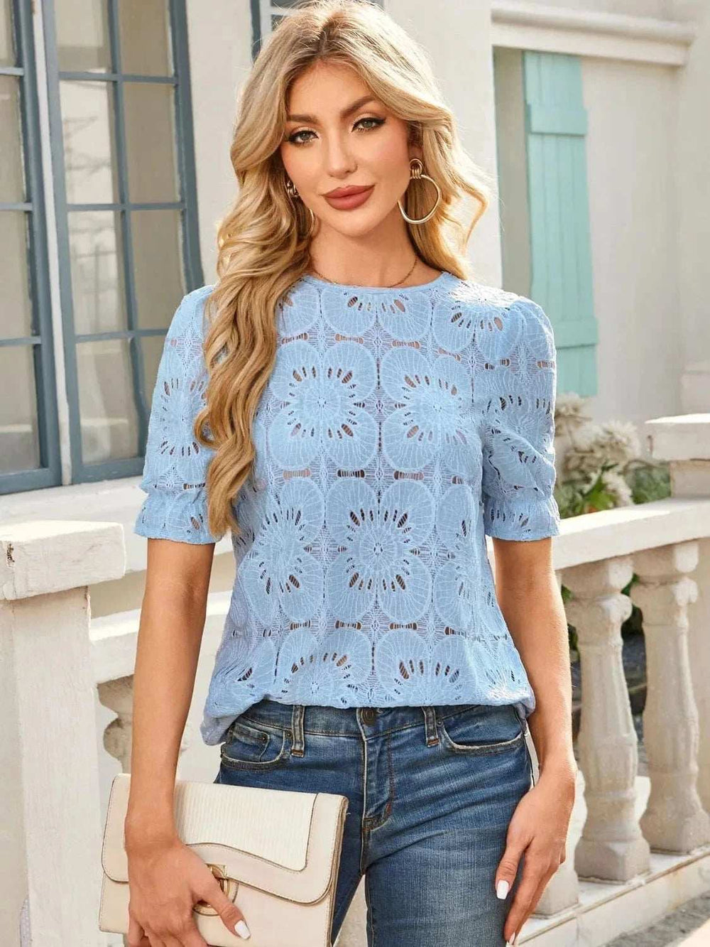 Openwork Round Neck Short Sleeve Top - Trendsi - Flyclothing LLC