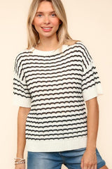 Haptics Openwork Striped Round Neck Half Sleeve Knit Top - Trendsi