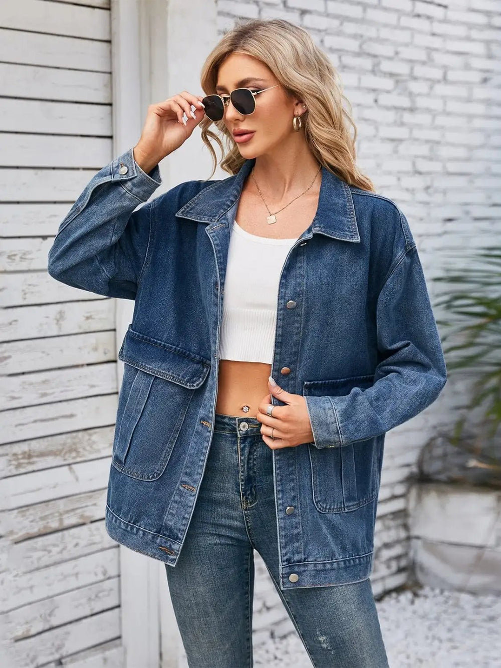 Button Up Long Sleeve Denim Jacket - Trendsi
